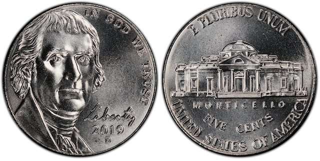Side-by-side comparison of 2019 nickel without Full Steps (left) and with Full Steps (right) showing Monticello staircase detail