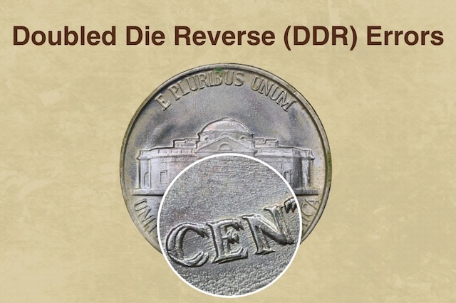 Close-up of 2019 nickel Doubled Die Reverse showing doubled architectural details on Monticello columns and lettering
