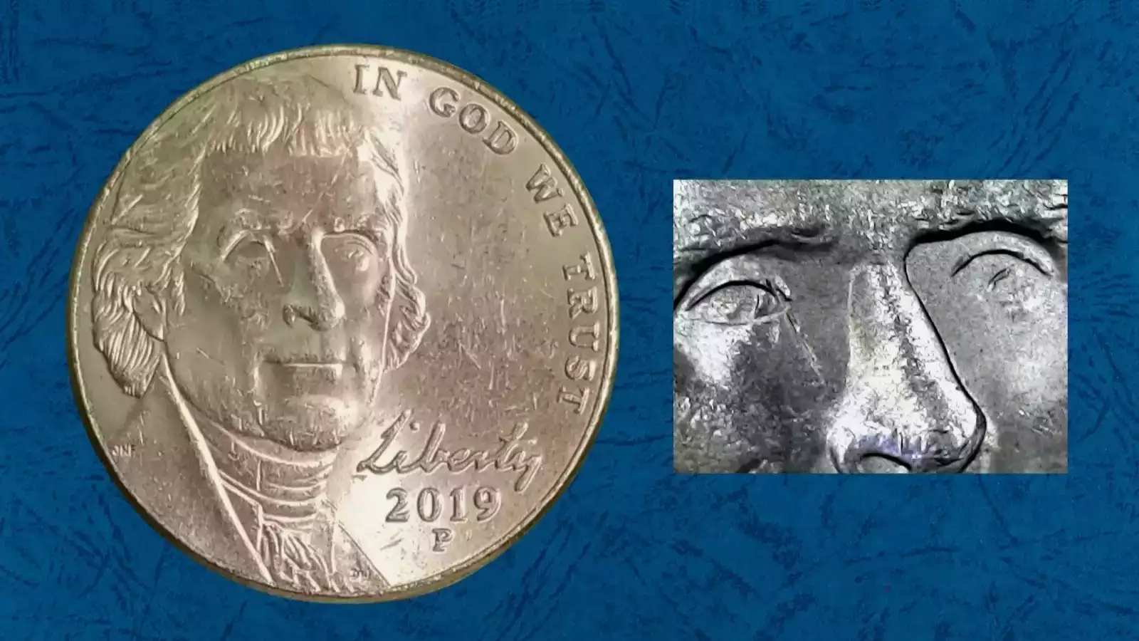 Close-up of 2019 nickel lamination error showing metal surface peeling or cracking revealing subsurface planchet layer