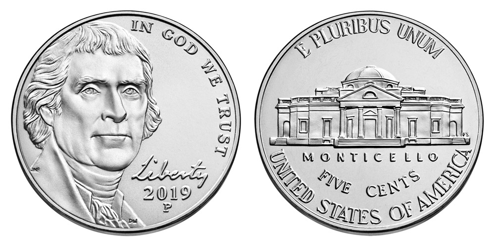 2019 Jefferson Nickel grading strip showing four condition tiers from worn to gem uncirculated side by side